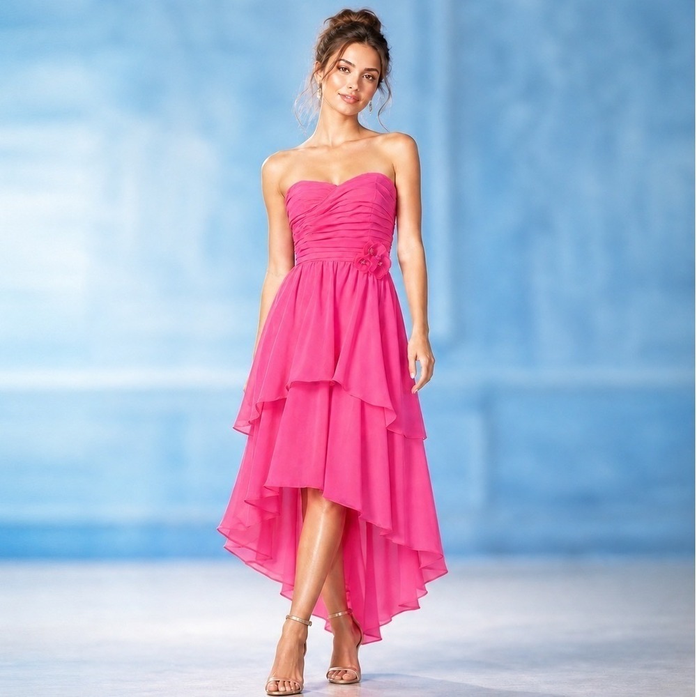 Alfred Angelo Strapless Dress Chiffon Ruffle Layer Hot Pink Romantic Coquette S